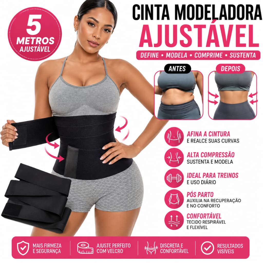 Cinta Faixa Redutor De Medidas E Pós Parto 5 METROS Ajustável Modeladora Corporal Preta Original