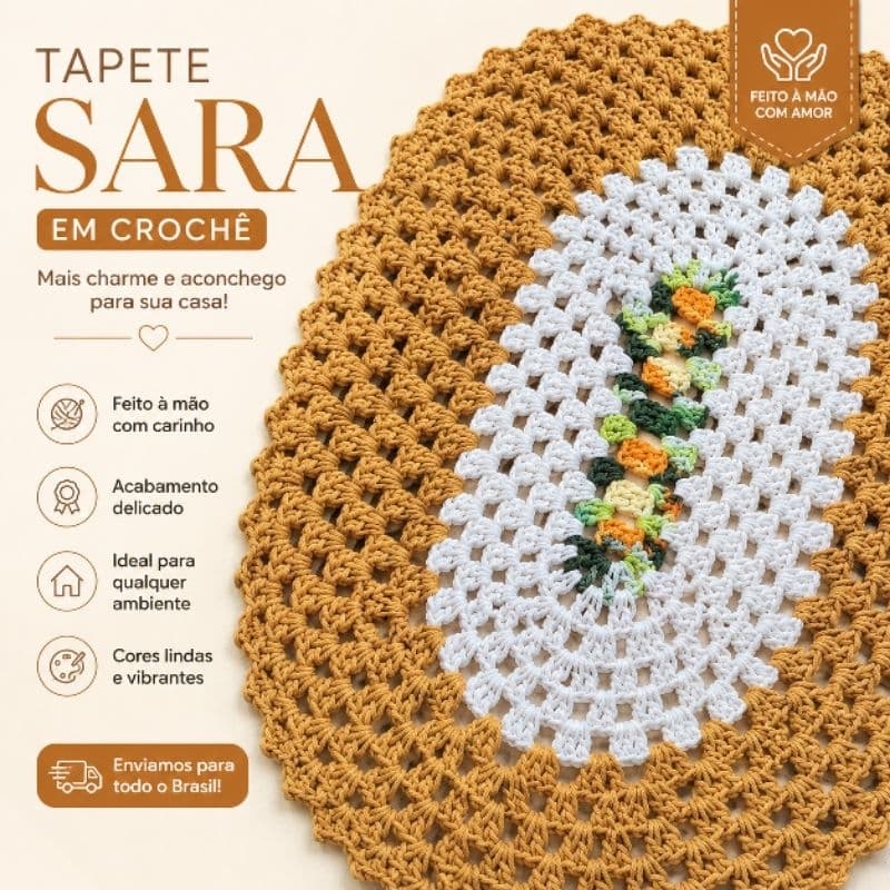 Tapetinho de Crochê Artesanal Oval 68x45 cm Feito à Mão Decoração