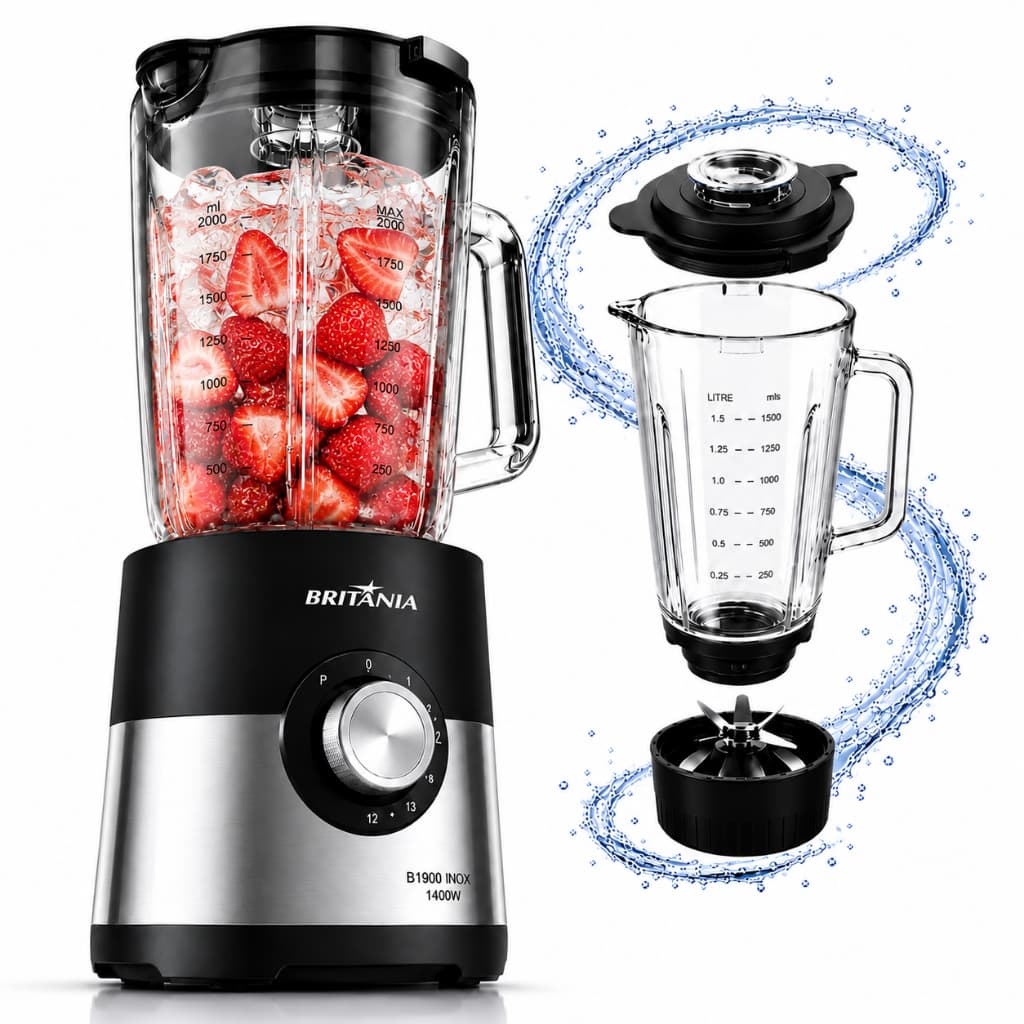 Liquidificador Britania Copo De Vidro 1400w Turbo 12v 2,3l Lamina 6x Inoxx