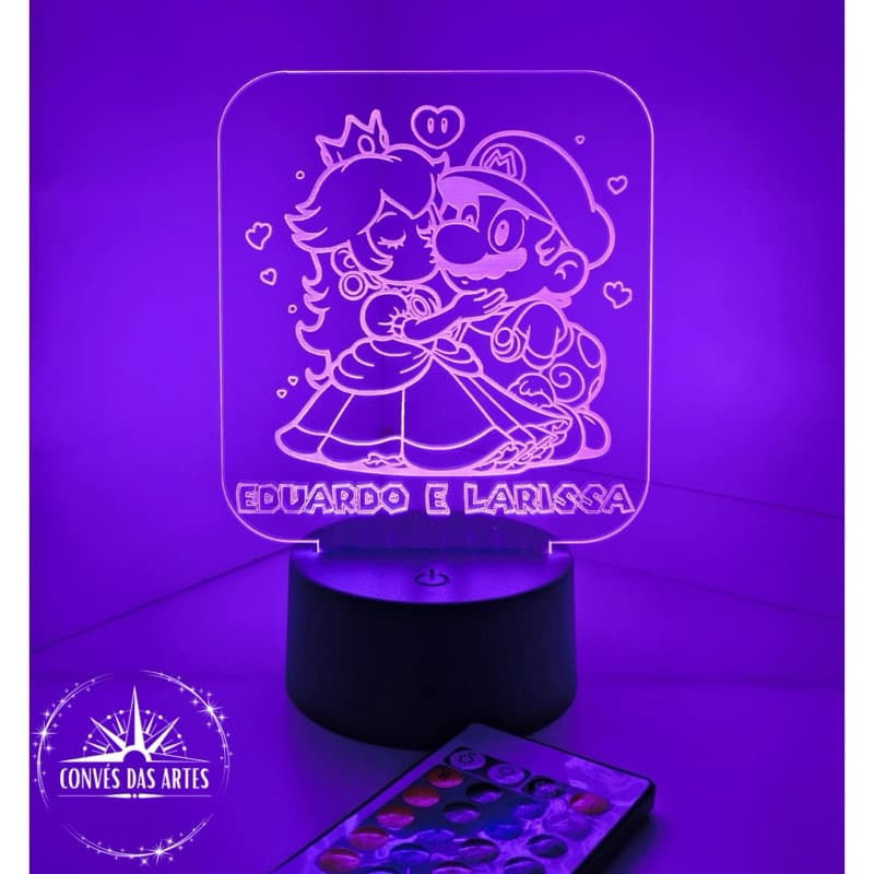 Luminária LED Mario e Princesa Peach Personalizada com Nome | Presente para Casal Gamer | RGB Namorados Amor