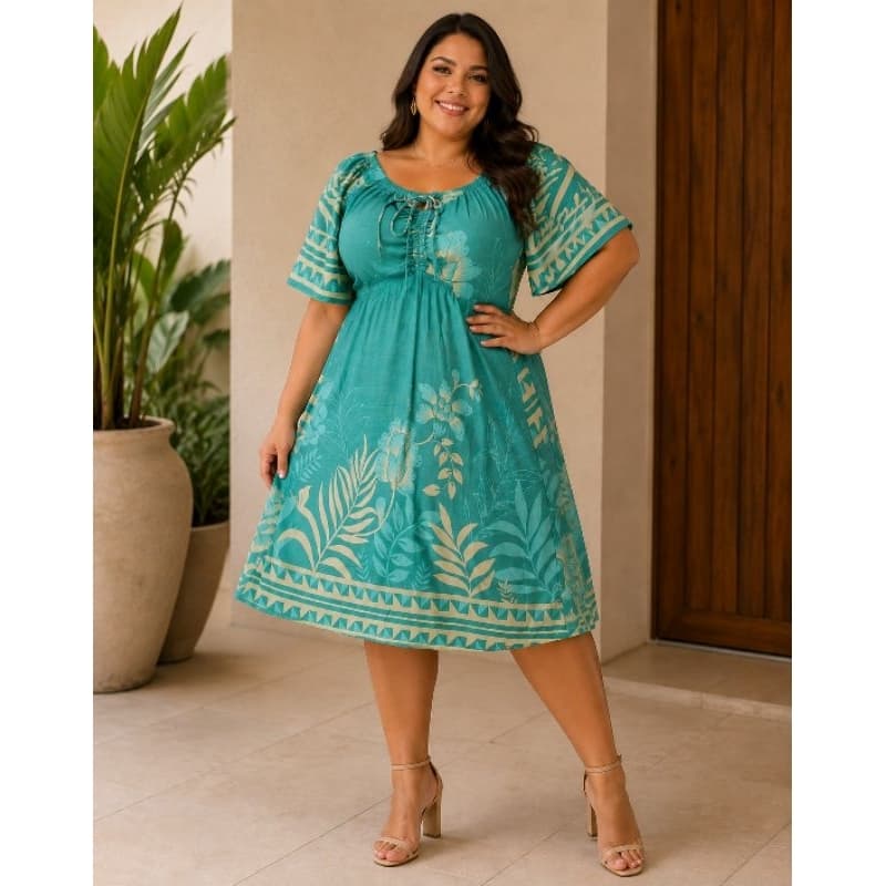 Vestido Feminino Plus Size Floral Manga Solta com Amarração e Lastex nas Costas Moda Evangélica Casual