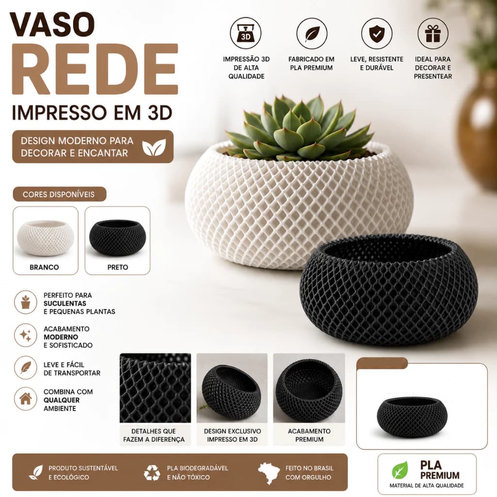 Vaso Decorativo Rede Impresso em 3D | Cachepô Moderno para Suculentas e Cactos