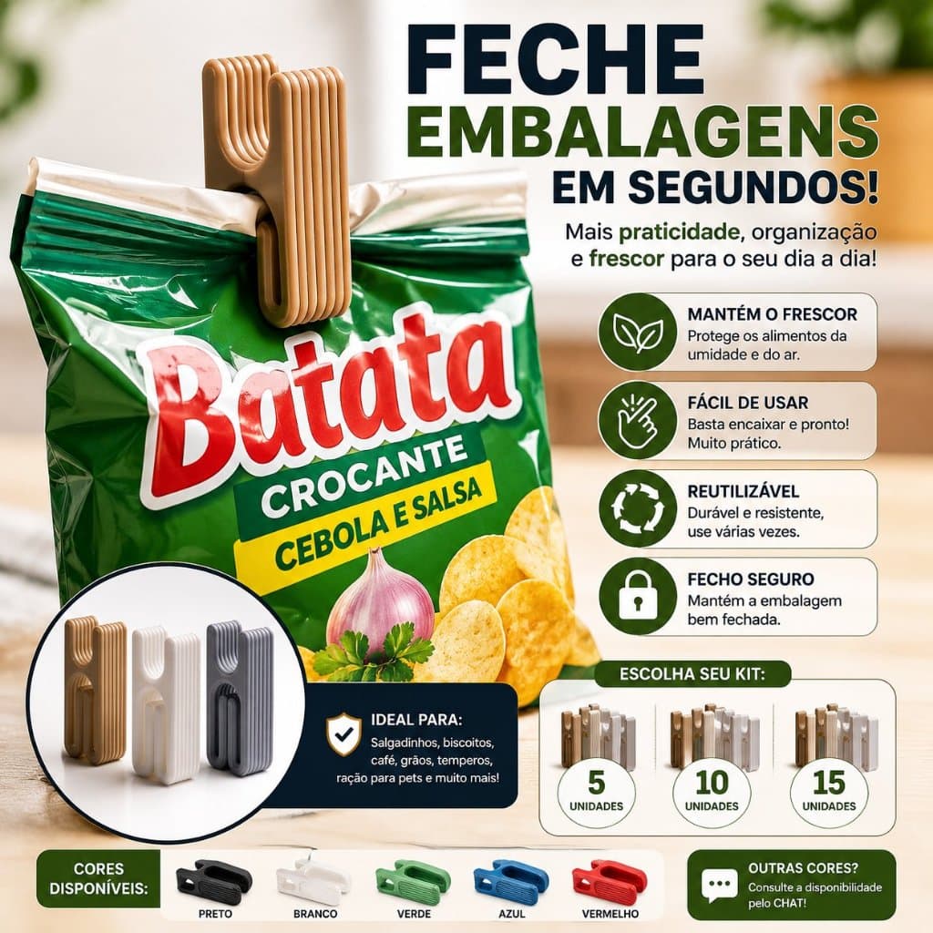 Kit 5 10 15 Clips Fecha Embalagem Reutilizável Prendedor Para Sacos Alimentos