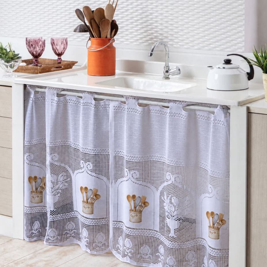 Cortina Para Pia 1,60x0,80 Renda Estampada Vaquinha, café, bule, Lavanda