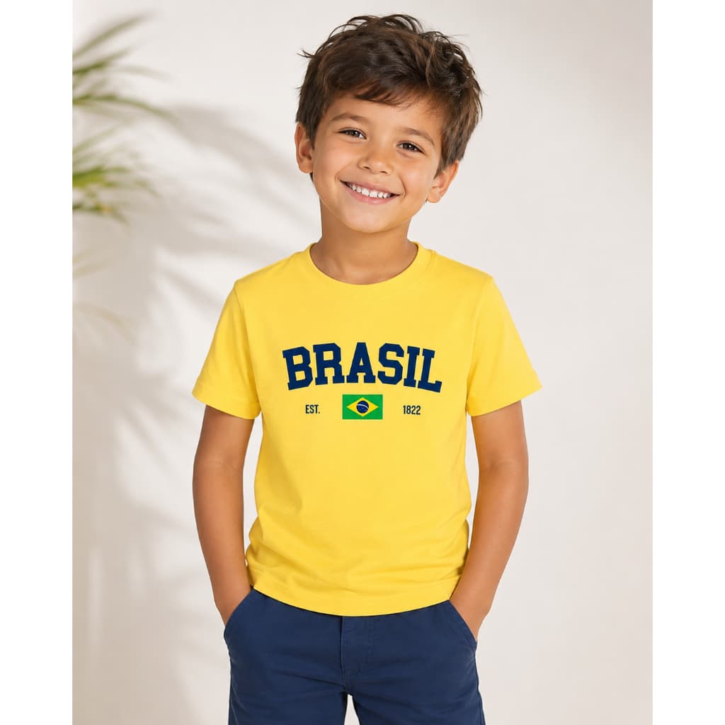 Camiseta Infantil Premium Brasil Unissex 100% Algodão Cor Azul Verde Amarelo