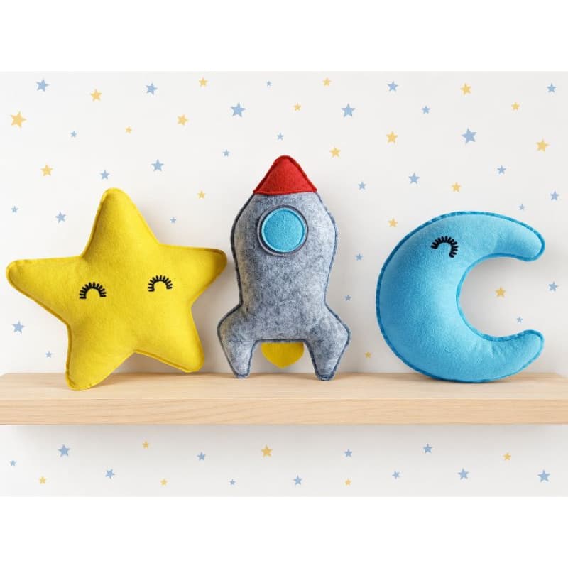 Almofada galáxia kit, foguete, lua e estrela, decoração quarto de bebê, festa