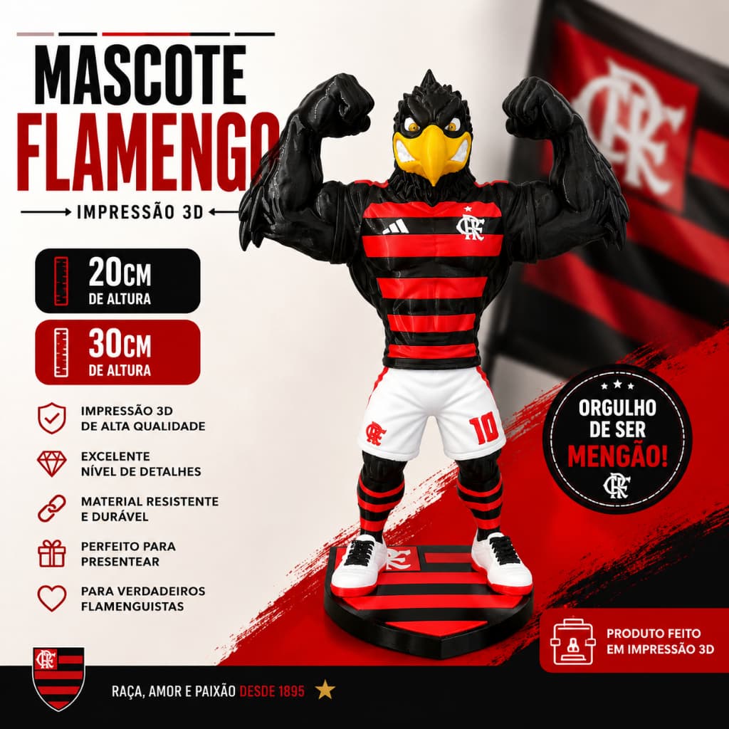 MASCOTE DO FLAMENGO URUBU RUBRO NEGRO EM IMPRESSÃO 3D – TORÇA COM ESTILO!