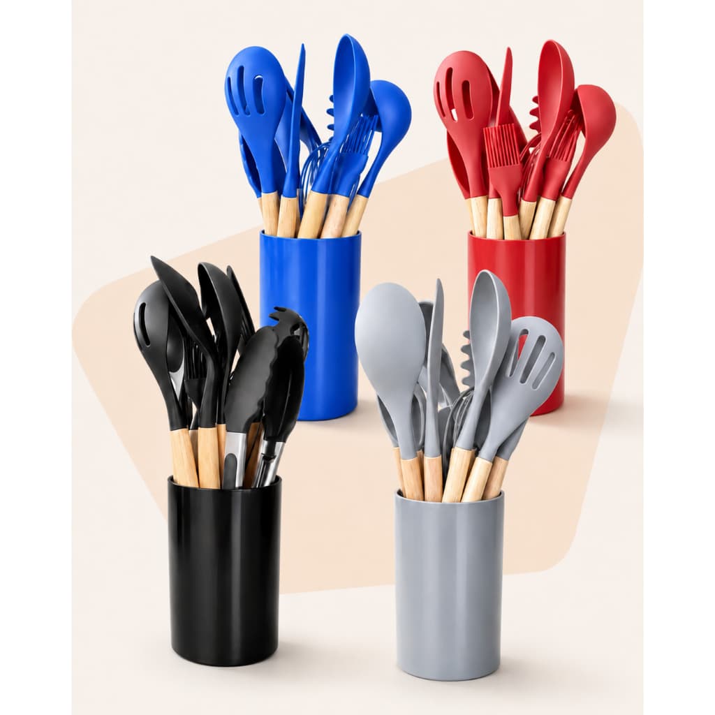 Kit Jogo 12 Peças Utensílios Cozinha Silicone Cabo Madeira -colheres espátulas pegadores pincel pote
