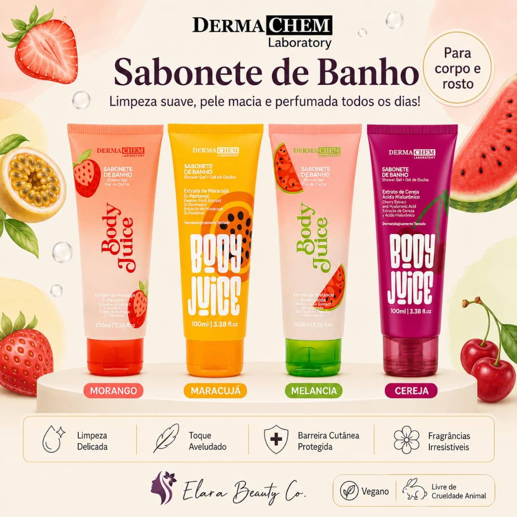 Sabonete de Banho Body Juice Dermachem 100ml Corpo Rosto | Morango | Melancia | Maracujá | Cereja - Vegano