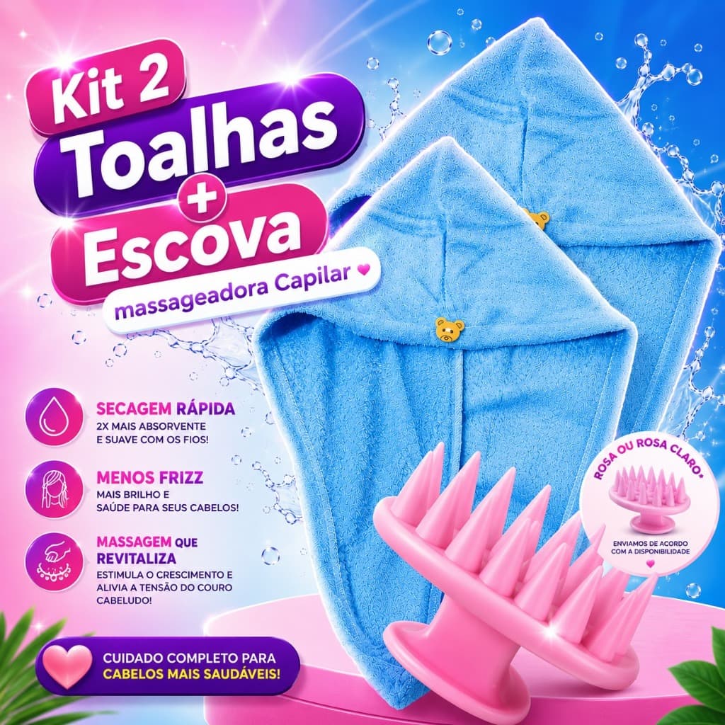 Kit 2 Toalhas Capilares Microfibra e Escova Massageadora Capilar Secagem Rápida Anti Frizz