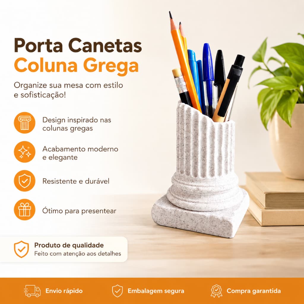 Porta Canetas Coluna Grega PLA MARMORIZADO Premium | Organizador de Mesa Moderno Decorativo