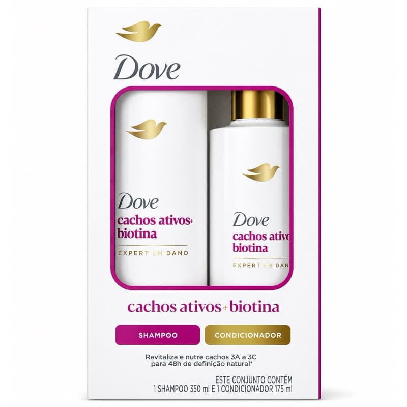Kit Dove Cachos Ativos + Biotina Cabelos Cacheados Shampoo 350ml Condicionador 175ml