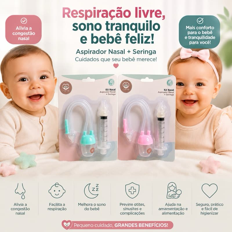 Kit Aspirador Nasal Bebê Com Seringa Lavagem Nasal Recém Nascidos 10ml Em Silicone Limpa Nariz