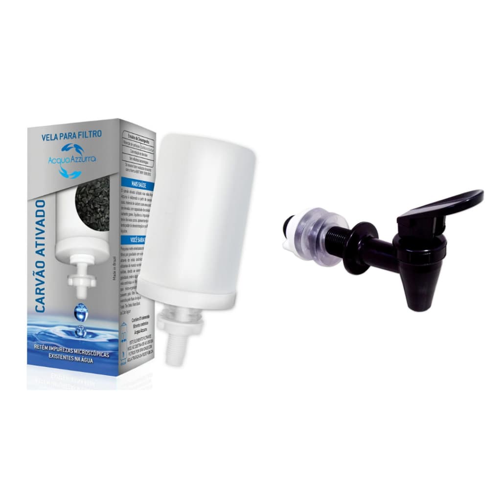 Kit 1 Vela Carvão Ativado Filtro De Barro + 1 Torneira Marrom Preta Branca