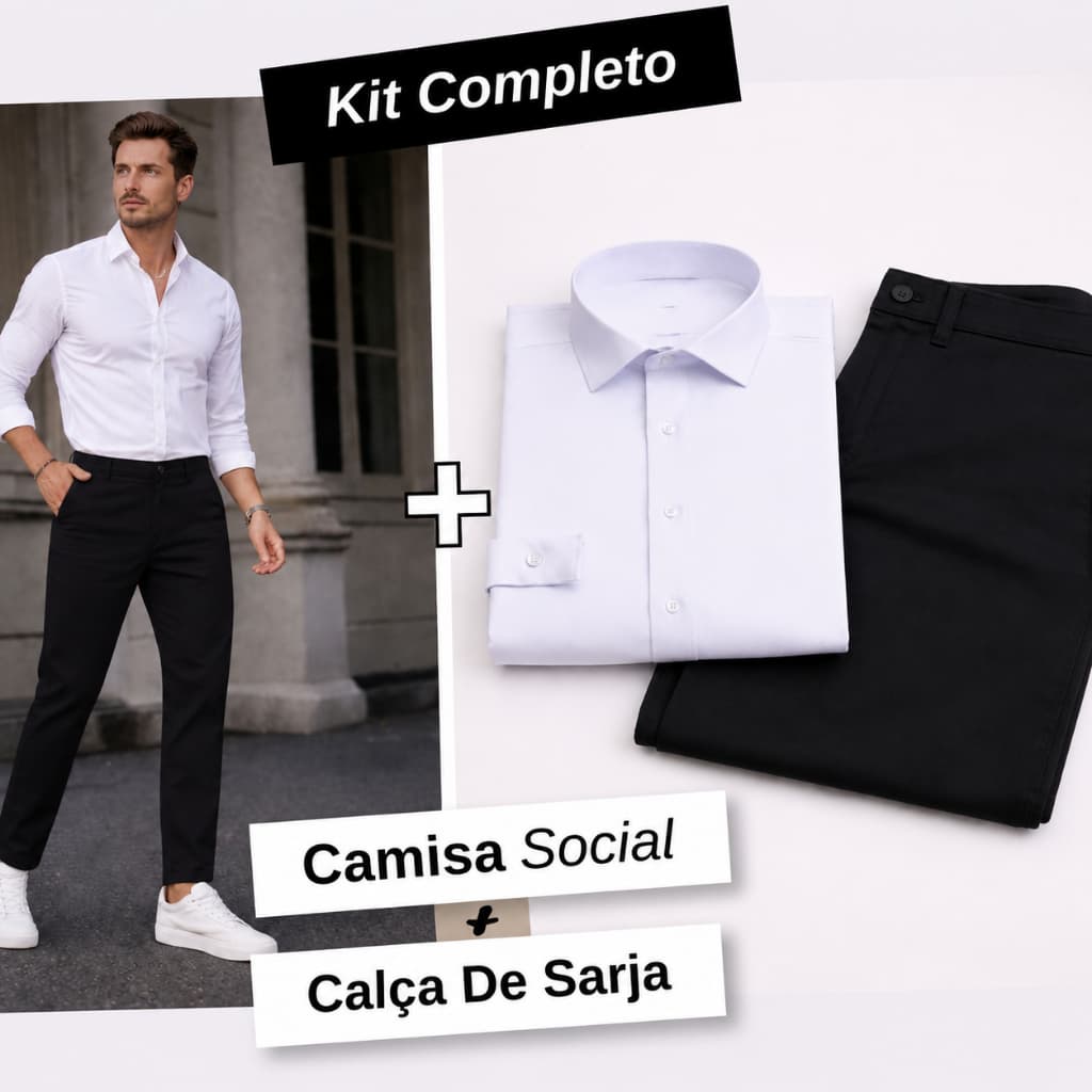 Calça Social De Sarja Bolso Costurado E Camisa Social Masculina Slim Costura Reforçada Do P Ao GG