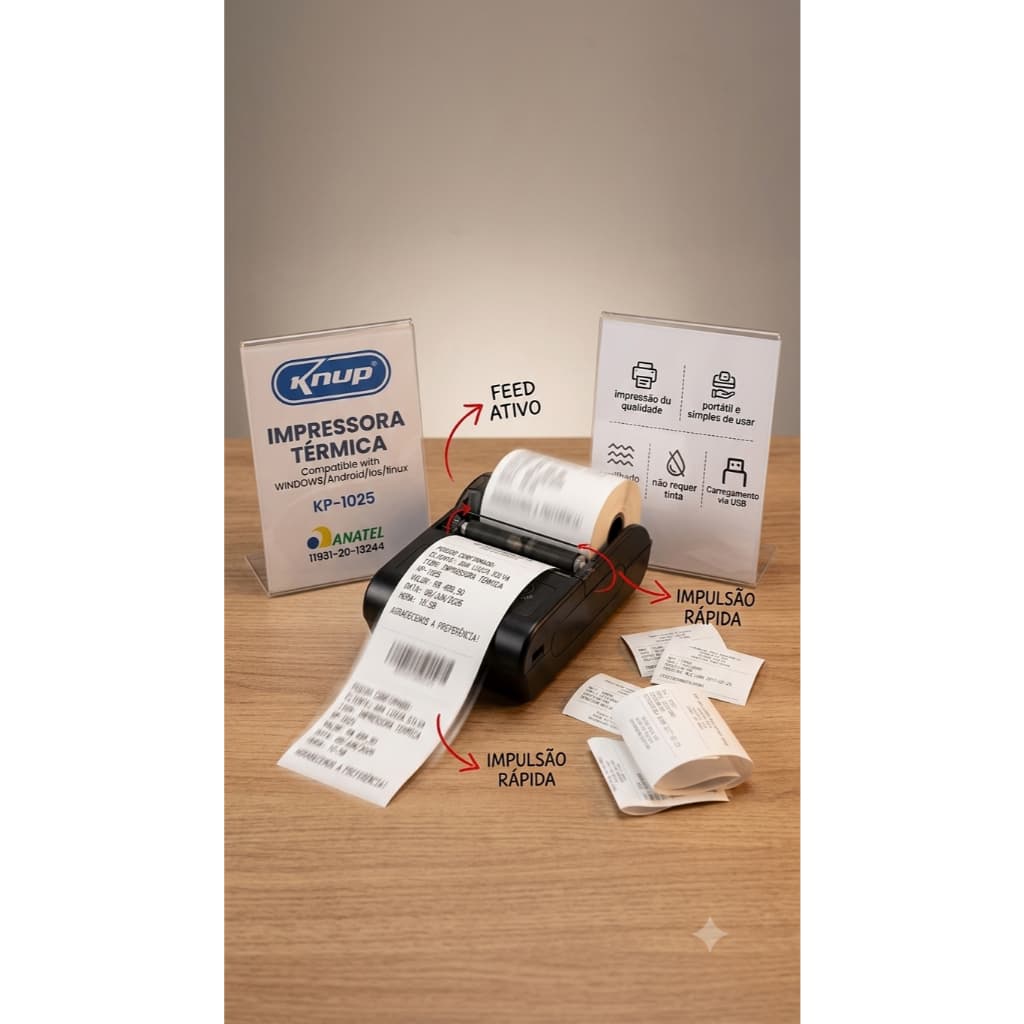 Mini Impressora Térmica Portátil Bluetooth USB Knup KP 1025 Recibos Etiquetas Delivery