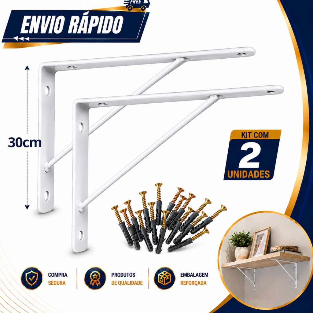 Kit 2 Suporte Mão Francesa Prateleira 30cm Branco WRDlogistica GiroToy + parafuso + bucha