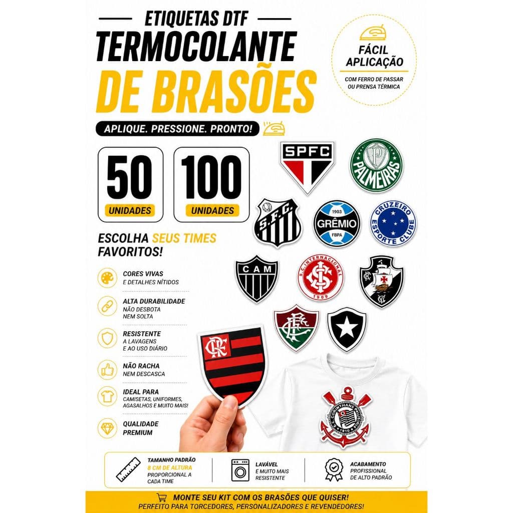 50 ou 100 Etiquetas Termocolante DTF Textil Brasão de Times 8x8 cm