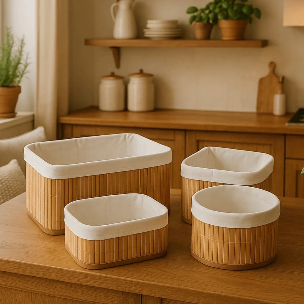 Conjunto 4 Cestos Organizadores Bambu Natural Armazenamento Multi Peças Decoração Elegante