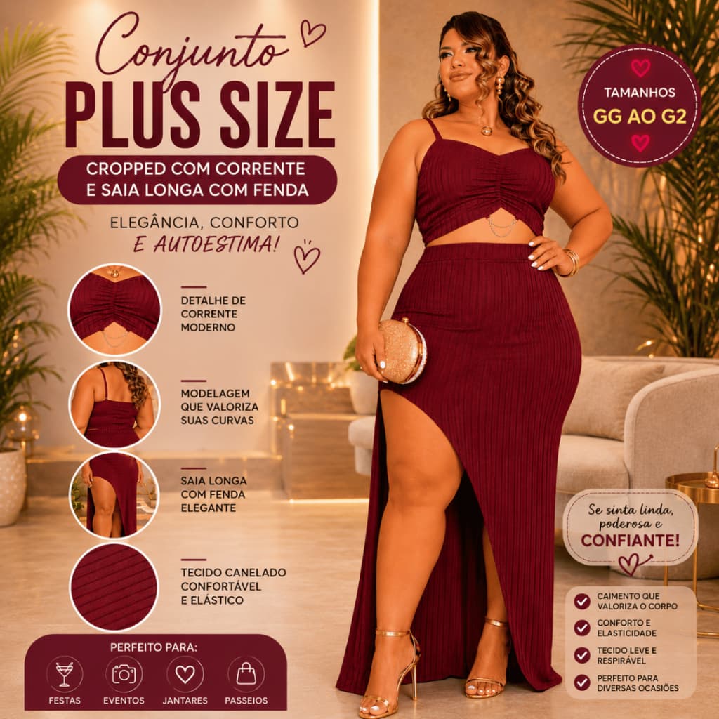 Conjunto Feminino Plus Size Canelado Cropped com Corrente e Saia Longa Fenda Elegante Festa