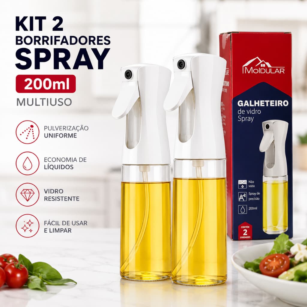 Kit 2 Borrifadores Spray Vidro 200ml Multiuso Água Vinagre - Moldular
