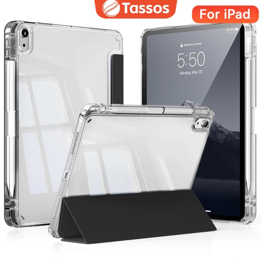 TASSOS Capa Acrílica Transparente Para iPad 10 11 A16 Kit 3 em 1 Com Porta Pencil + Pelicula Protetora + Caneta Stylus