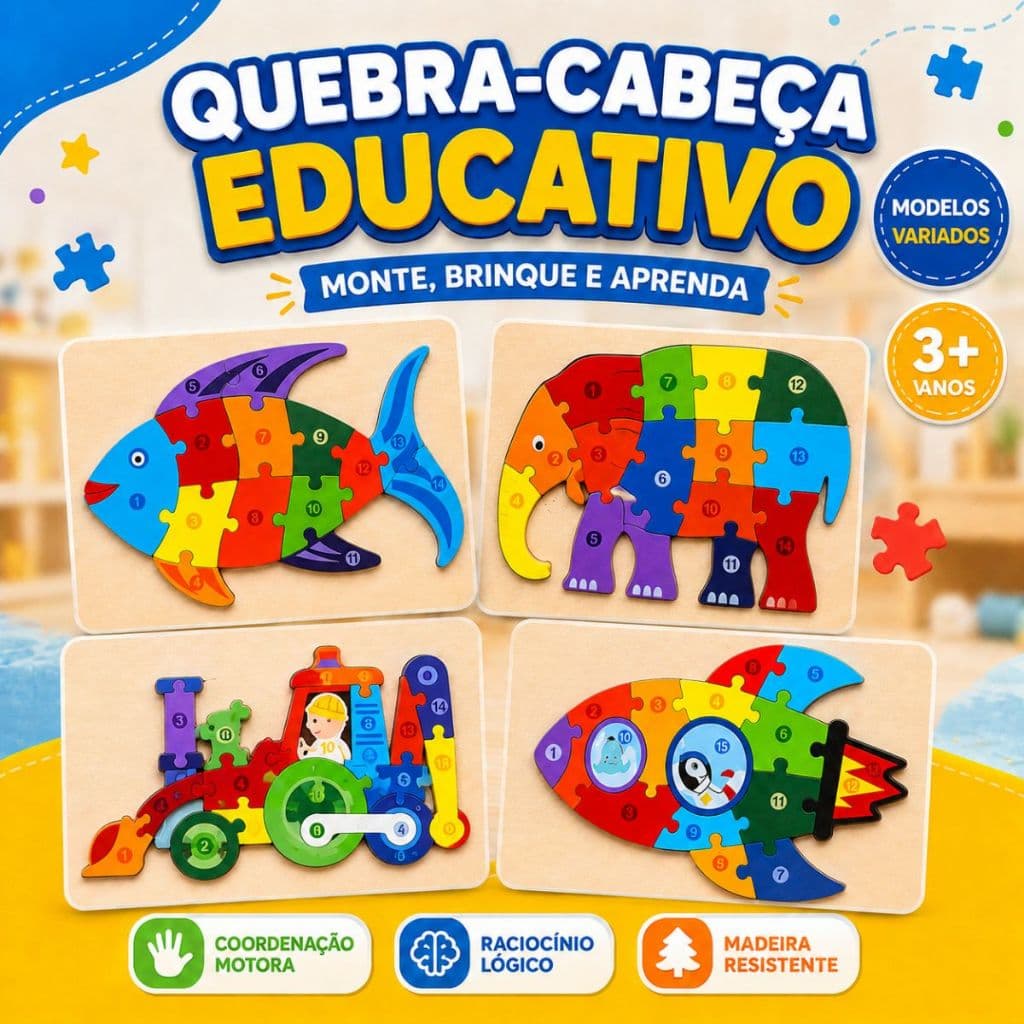 Quebra-Cabeça Brinquedo Educativo Montessori Infantil de Madeira Modelo Animal e Transporte Sortidos