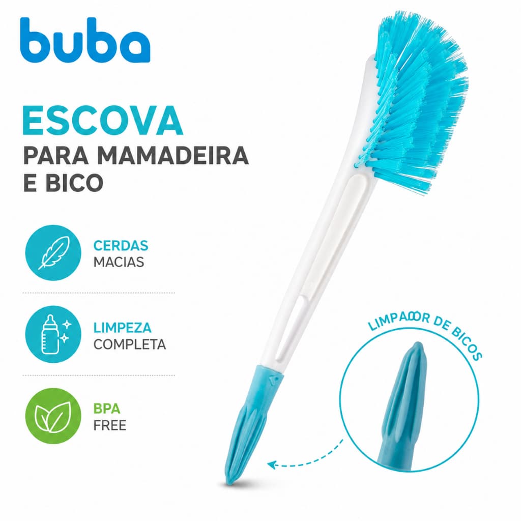 Escova de Limpeza Buba para Mamadeira e Bico Original Cerdas Macias Lava Mamadeira