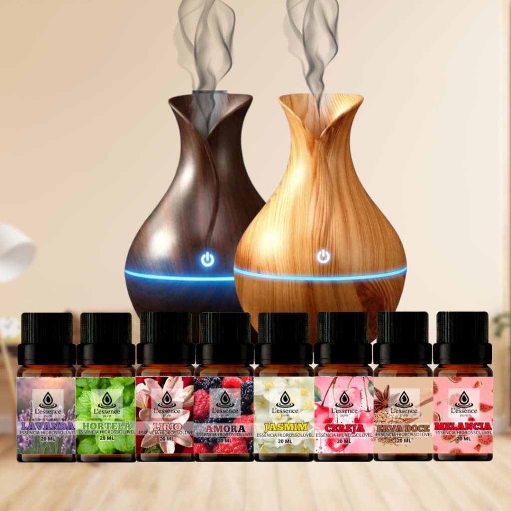 Kit de Umidificador Vaso com 8 Essências Hidrossolúvel | Modelo Vaso Enviamos Cores Sortidas!