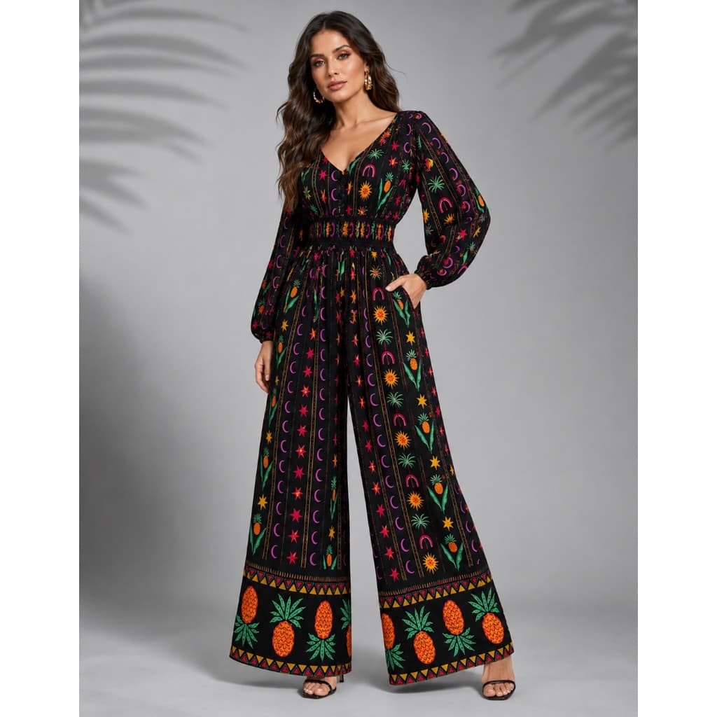 Macacão Feminino Estampado Com Lastéx Com Amarração Nas Costas Elegante Casual Moderno Boho Chic