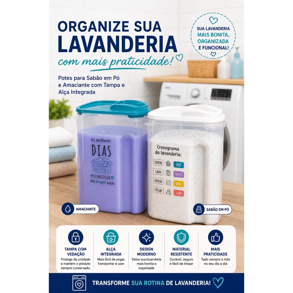 Kit 2 Potes Organizadores para Sabão em Pó e Amaciante com Tampa Hermética