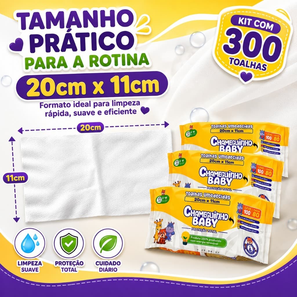 300 Lencos Umedecidos Chameguinho Baby 3 Pacotes 100 Folhas Sem Alcool Toalha Umedecida Infantil