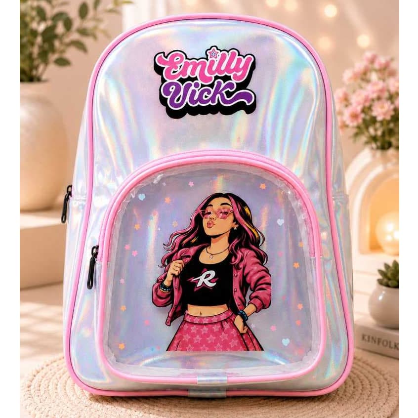 Mochila Infantil Emilly Vick Holográfica Furta-Cor Premium Escolar Feminina Brilhante Rosa Luxo