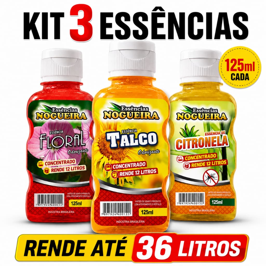Kit 3 Essências Concentradas Nogueira 125ml Odorizante Perfumado Rende 12 Litros Uso Geral