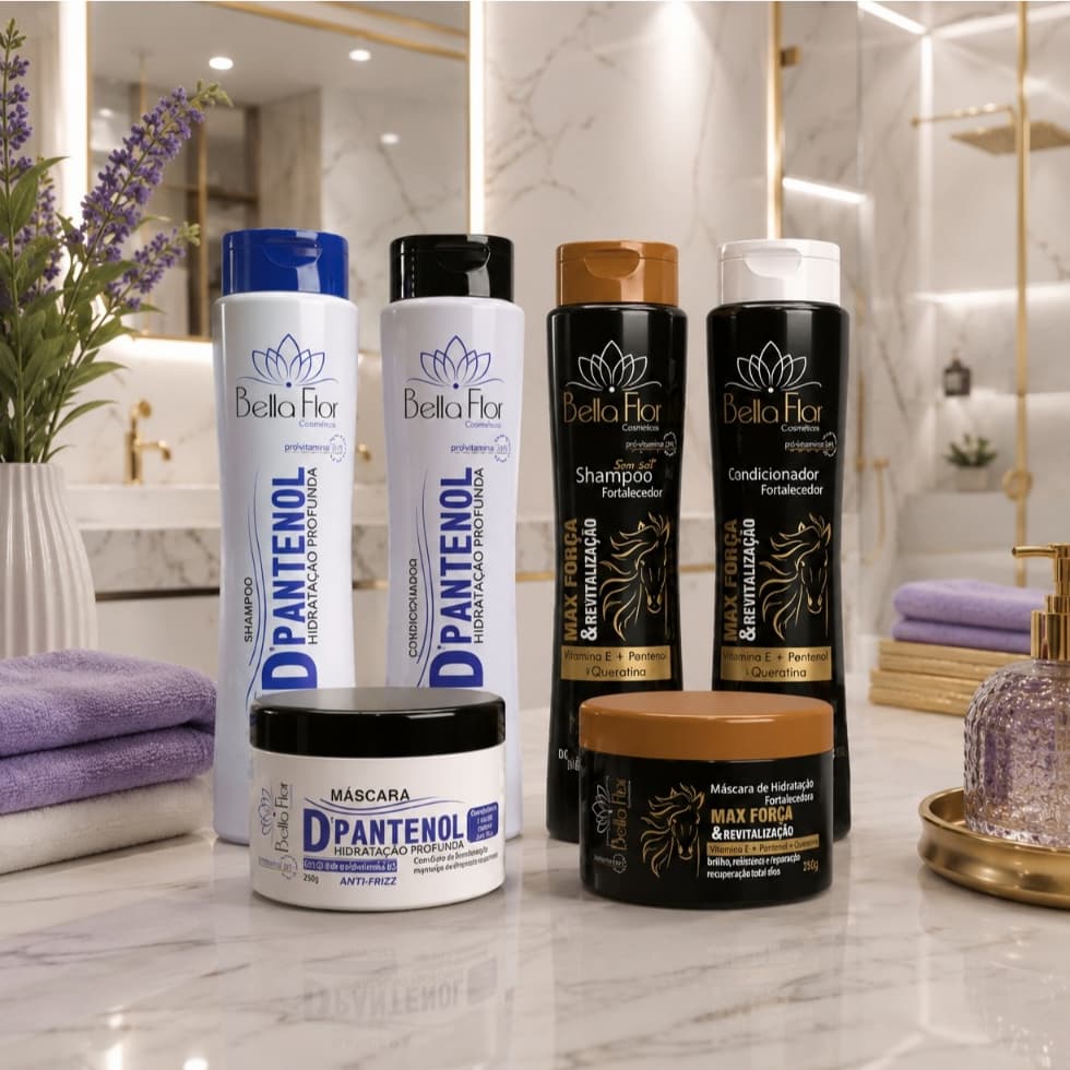 2 Kits Capilares D-Pantenol e Força 6 Produtos Shampoo Condicionador Máscara Bella Flor Hidratação Reparação