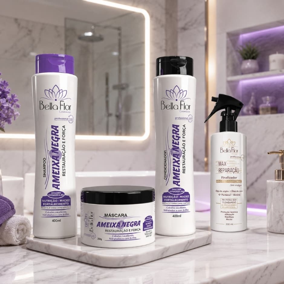 Kit Capilar Ameixa Negra e Max Reparação 4 Produtos Shampoo Condicionador Máscara Reparador de Pontas Bella Flor