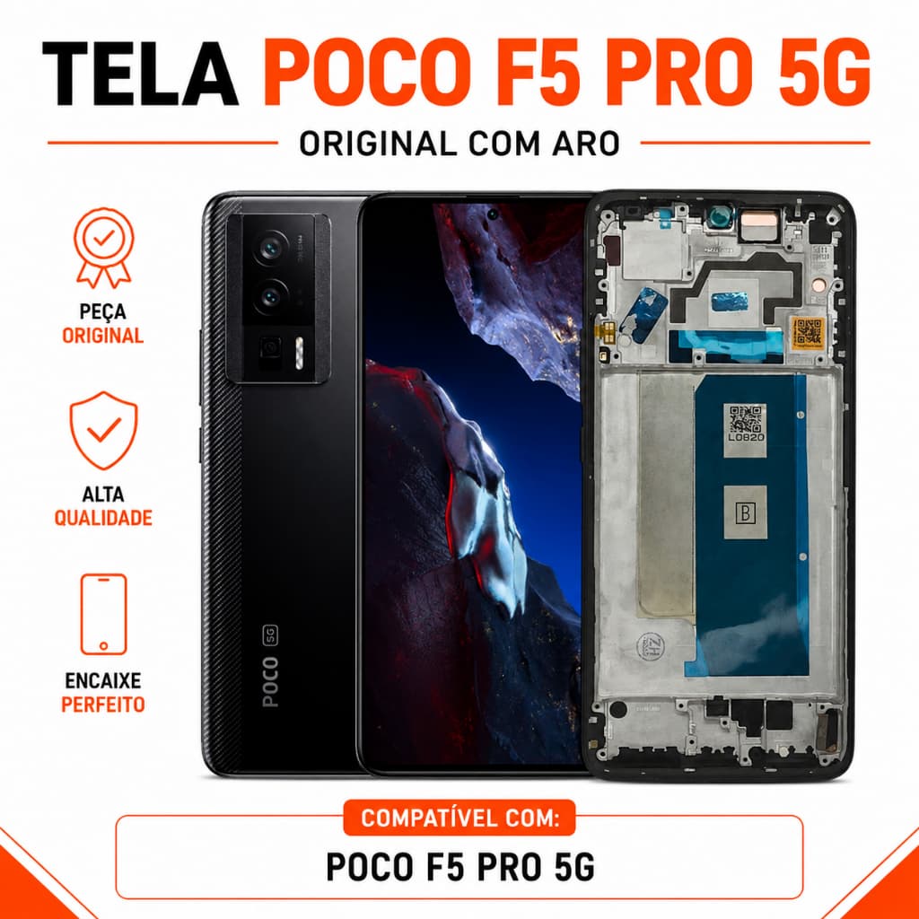 Display Poco F5 Pro 5G Tela Preta Frontal Amoled Original com Aro Chassi Modulo Touch Com Digital