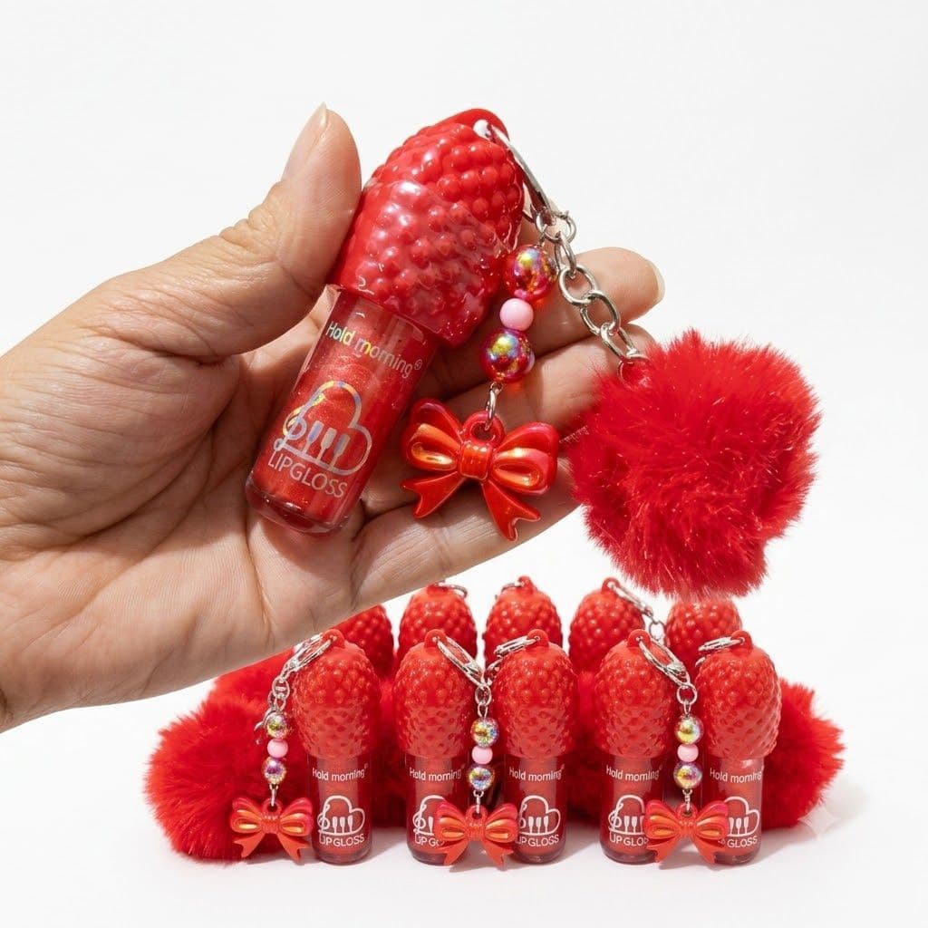 Lip Gloss Hidratante Com Chaveiro Pingente Brilho Espelhado com pompom Lip gloss de morango - Love Nest