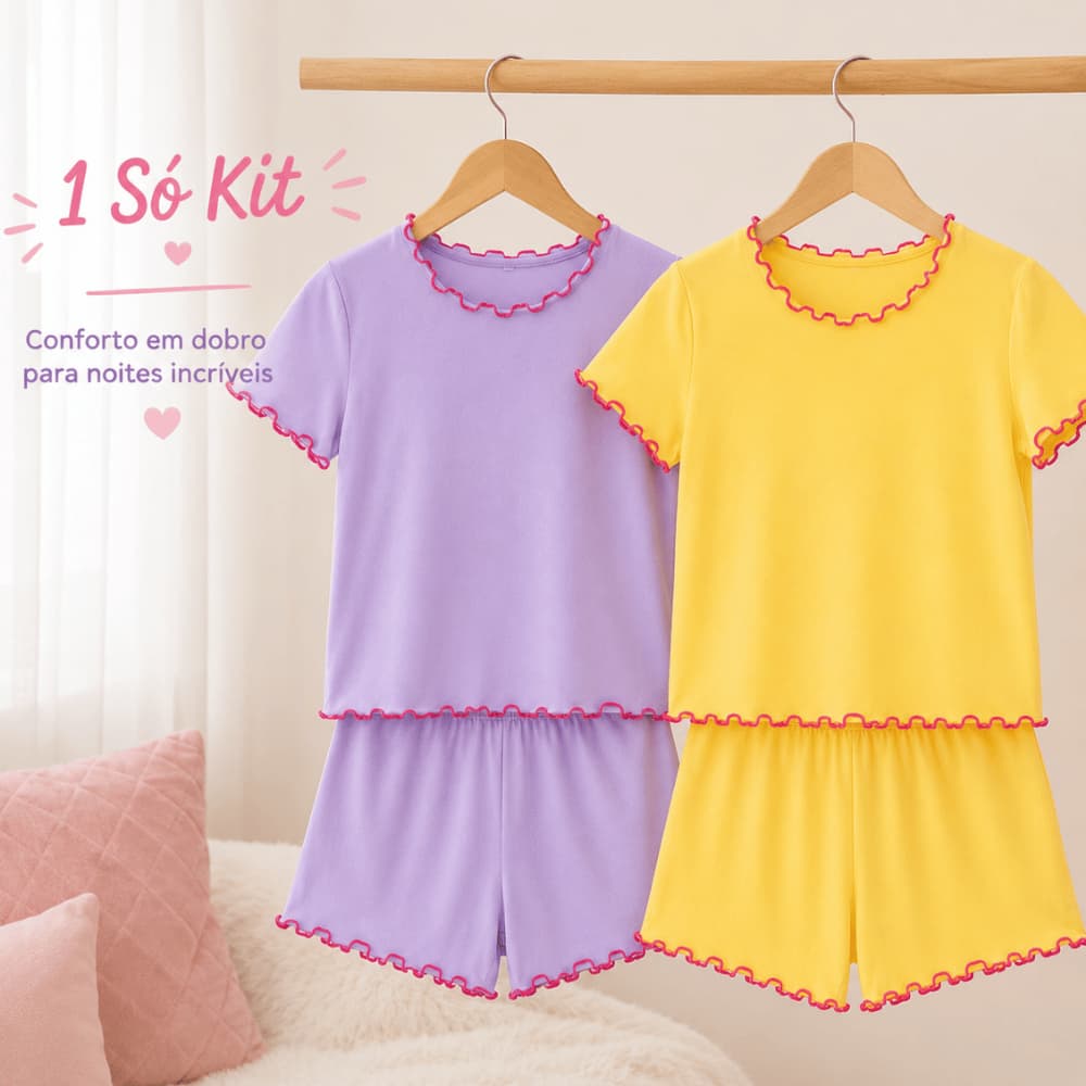 Kit 2 Pijamas Infantis Menina Curto Ribana Algodão Com Elastano Short E Blusa Confortável