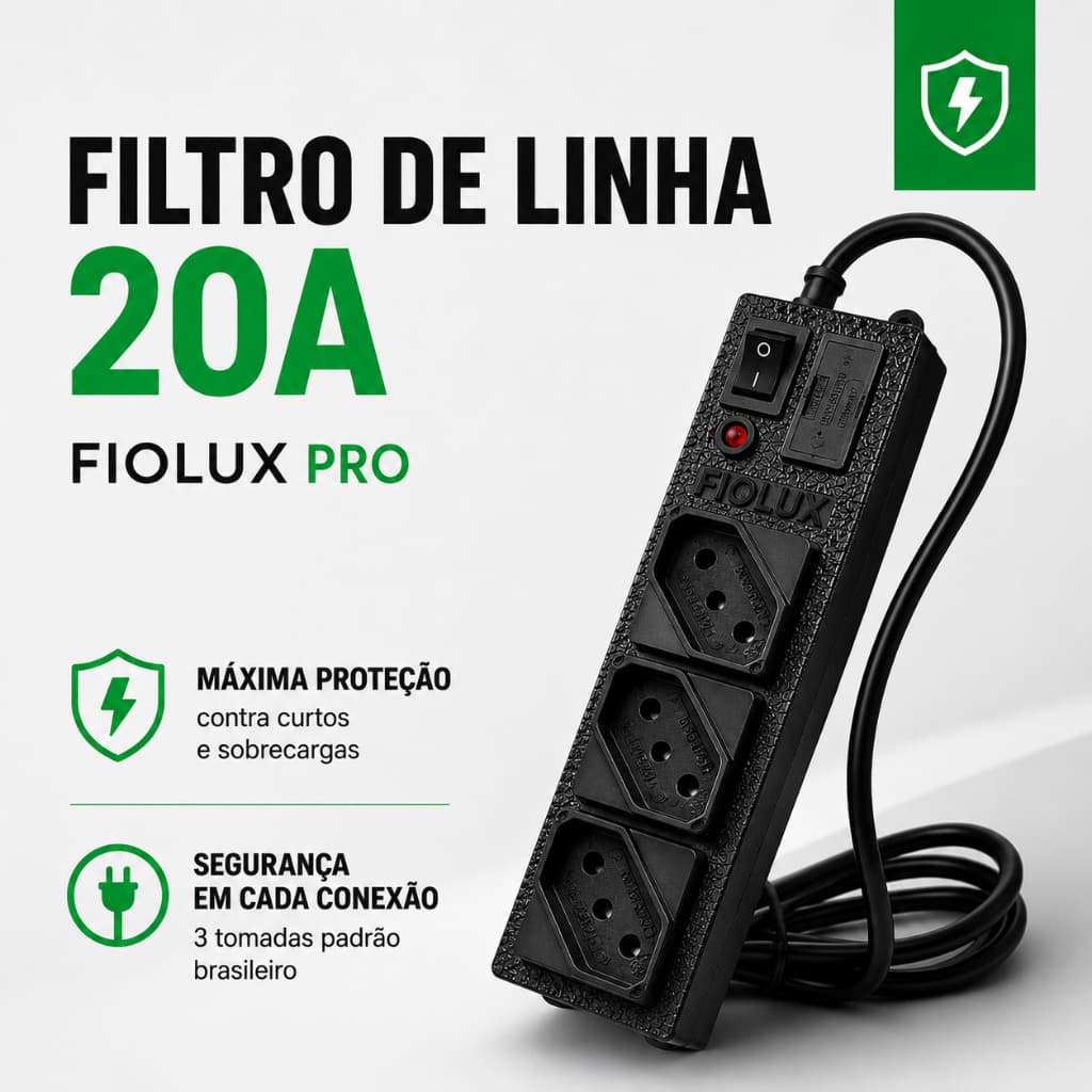 Filtro de Linha 3 Tomadas Extensão Elétrica Fiolux Linha de Alimentação C/ Fusível Régua Tomada 20A