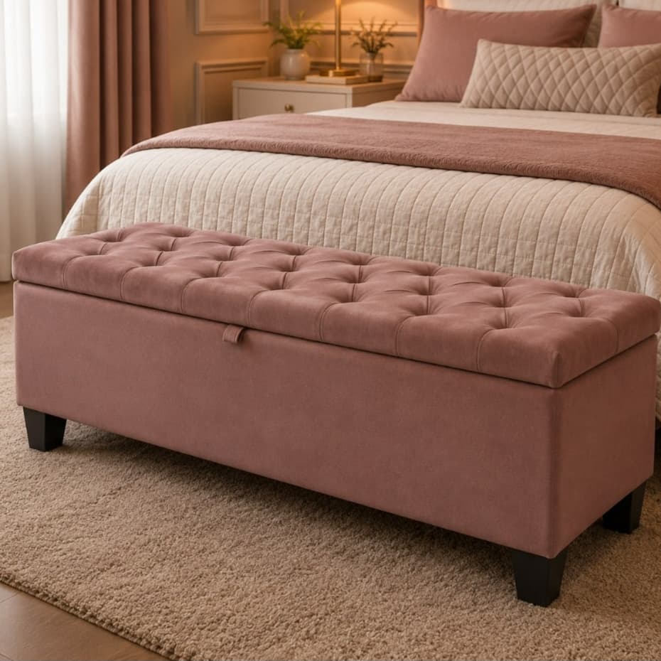 Recamier Baú Capitonê em Suede Luxo | Banco Sapateira Organizador com Espaço Interno