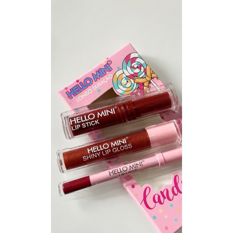 Kit Labial Hello Mini Candy Batom + Lip Gloss + Lápis Longa Duração