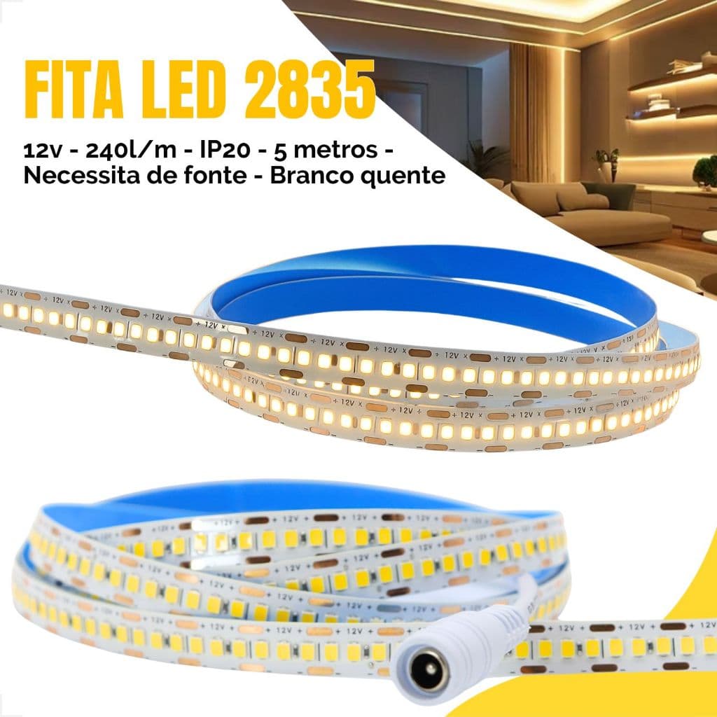 Fita Led 2835 12V 240 leds/m 5 Metros Branco Quente 3000K IP20 Siliconada Potente Residencial