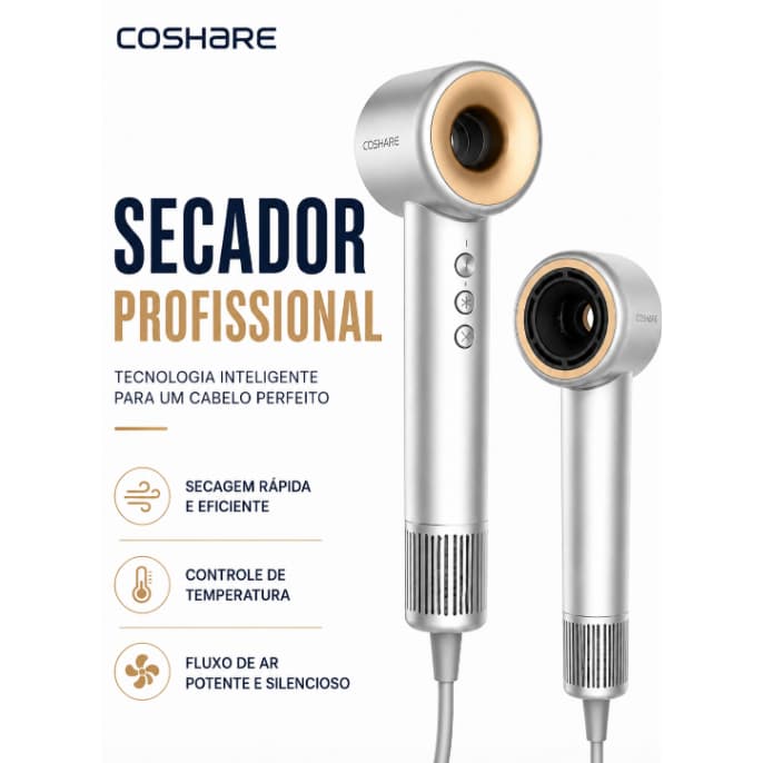 Secador Profissional COSHARE 110.000 RPM Alta Velocidade 300 Milhões de Íons Negativos 370g  127V Prata