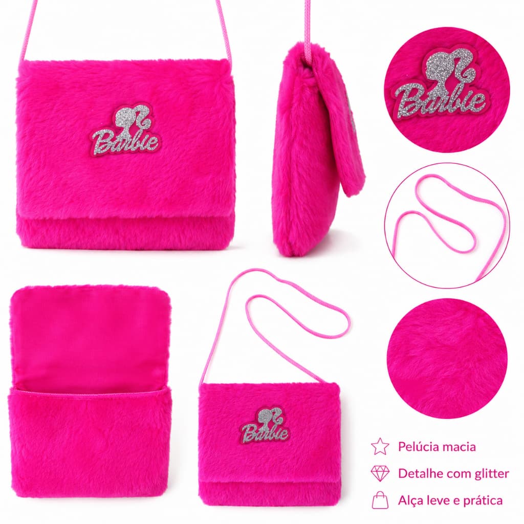Bolsa infantil peluciada Barbie com alça