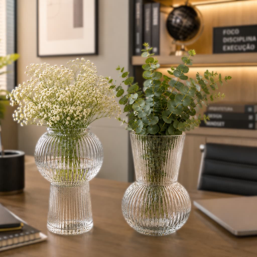 Kit 2 Vasos Lines Transparente de Vidro Wolff - Decoração Enfeite Plantas Flores Sala Escritorio