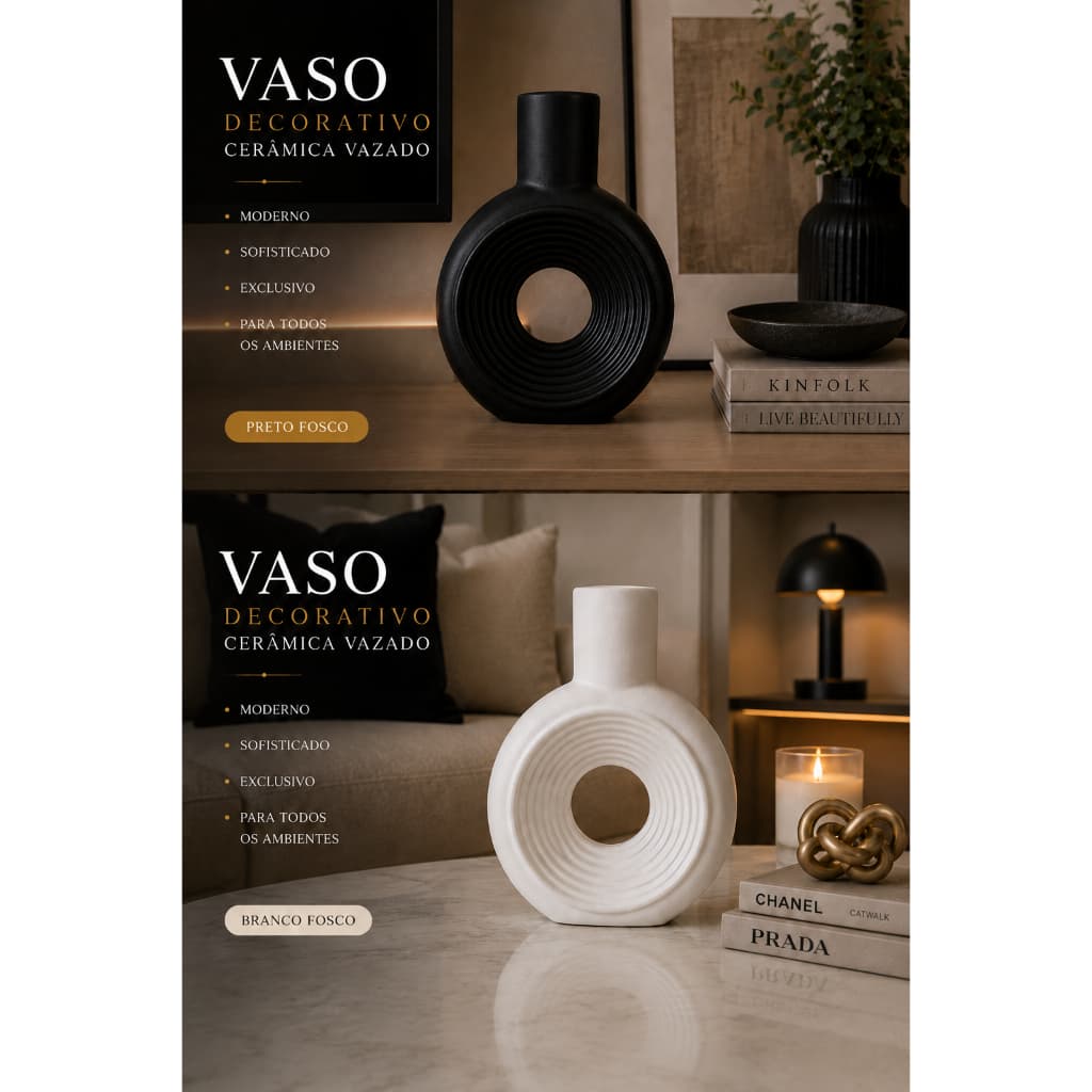 Vaso Decorativo Cerâmica Vazado Fosco Moderno Luxo Preto Fosco e Branco Fosco