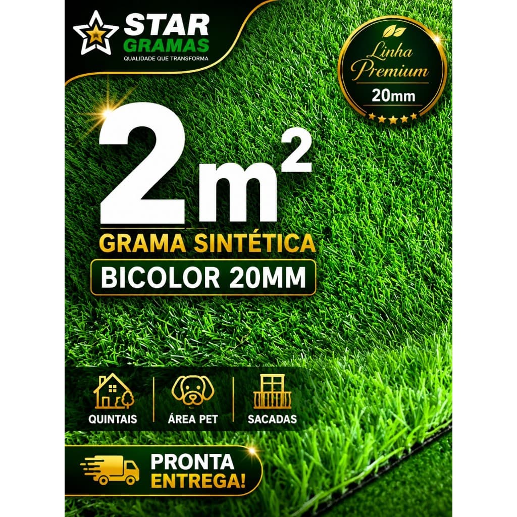 Grama Sintética 20mm Bicolor Premium 2m² Área Pet Sacada Quintal