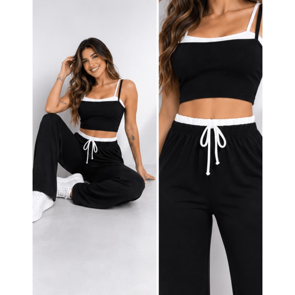 Conjunto Ribana Calça Pantalona cós alto duplo e Top alcinhas dupla Casual Tecido Ribana P ao G1