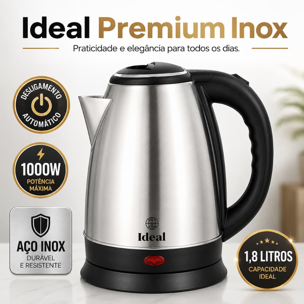 Chaleira Elétrica Ideal Inox 1,8L 1000W 127V Desligamento Automático Ferve Água Rápido